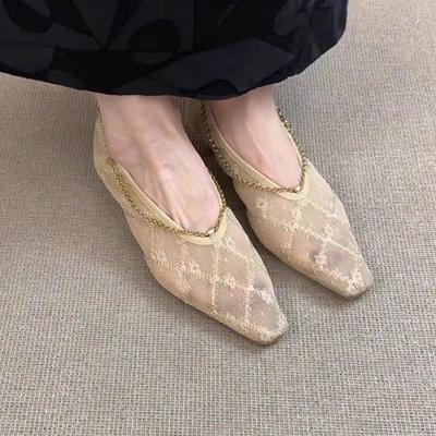 Mode Temperament Sexy Kant Enkelschoenen Vrouwen 2025 Nieuw Kleine Vierkante Neus Ketting Design Geborduurde Mary Jane Schoenen