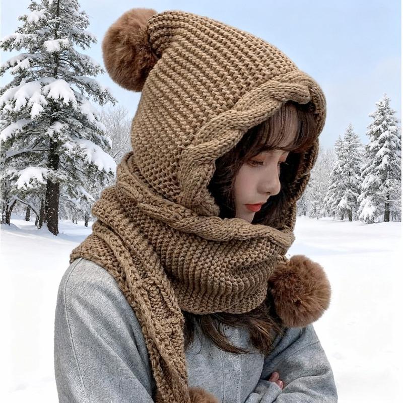 Fall Winter Korean Style Women's Versatile Scarf with Adorable Pom-Poms Ear-Warming Thickened Knit Hat for Extra Coziness