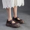 Johnature Sapatos retrô de bico redondo com sola grossa e couro legítimo, sapatos baixos femininos com sola macia