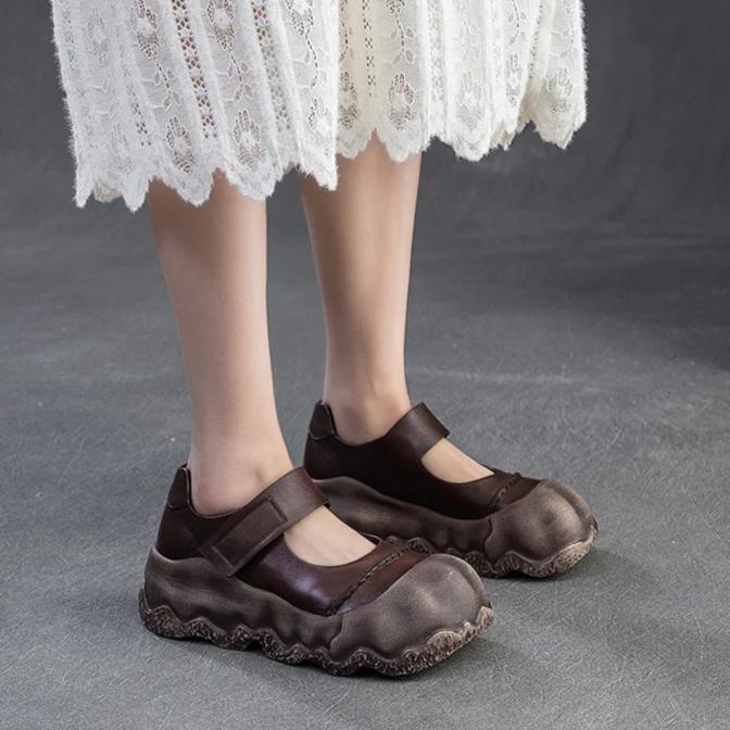Johnature Sapatos retrô de bico redondo com sola grossa e couro legítimo, sapatos baixos femininos com sola macia