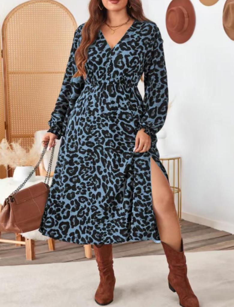 Elegantes Übergrößen-Leopardenmuster-V-Ausschnittkleid für Frühling & Herbst