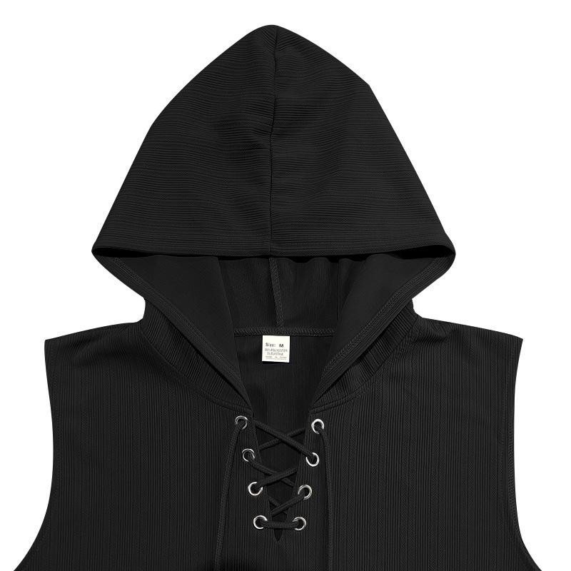 Summer Thin Casual Hooded Pure Color Lace-up Sleeveless Men's Tank Tops
