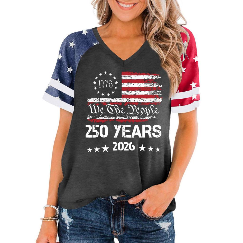 Women's Casual V Neck Short Sleeve Pullover T Shirt Independence Day Graphic Print Top 250 Years Commemorative Design 2026