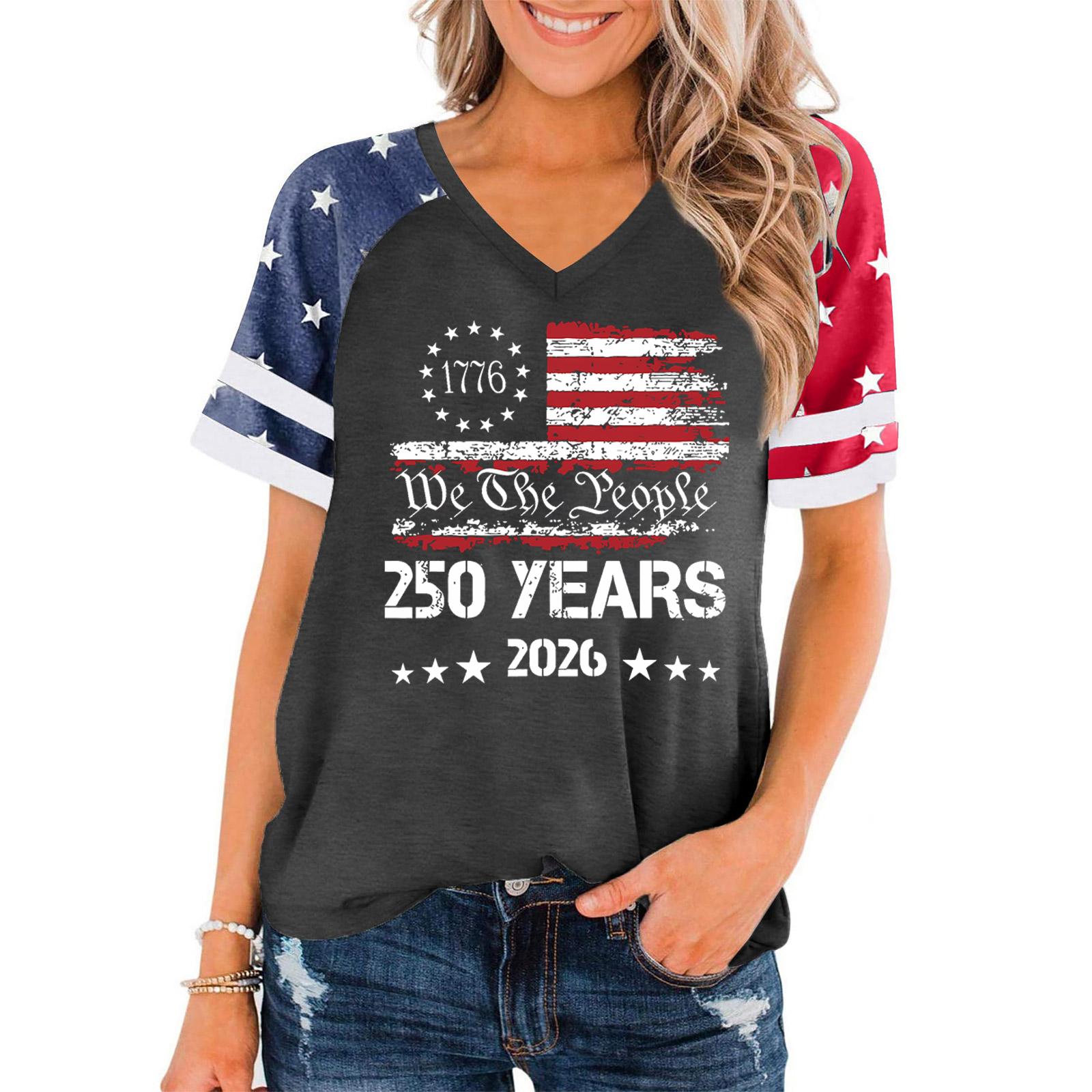 

Women s Casual V Neck Short Sleeve Pullover T Shirt Independence Day Graphic Print Top 250 Years Commemorative Design 2026 M
