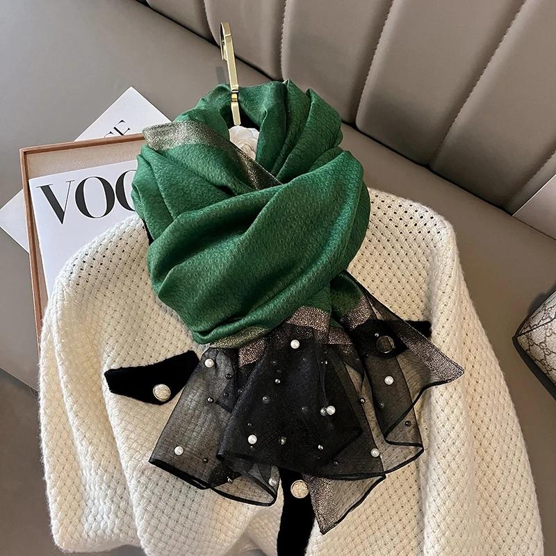 Luxury Brand Women Scarf Thin Summer Lady Beach Shawl Scarves With Pearl Muslim Fashion Foulard Female Hijab Headscarf