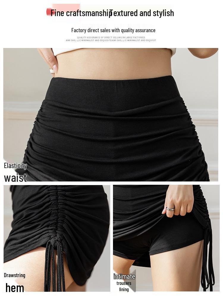 Adjustable Drawstring Black Pleated Bodycon Skirt for Women - Slimming High Waist Summer Midi Skirt 2025