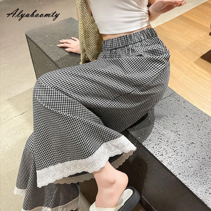 Japanese Mori Girl Spring Summer Women Wide Leg Pants High Waist Plaid Casual Loose Capris Lace Patchwork Baggy Ladies' Capris