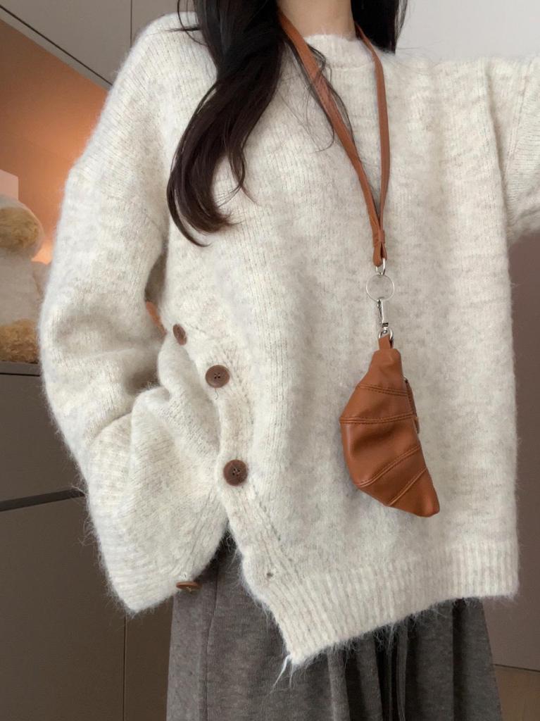 Autumn/Winter Loose Slit Pullover: Women's Solid Color Slimming Knitwear