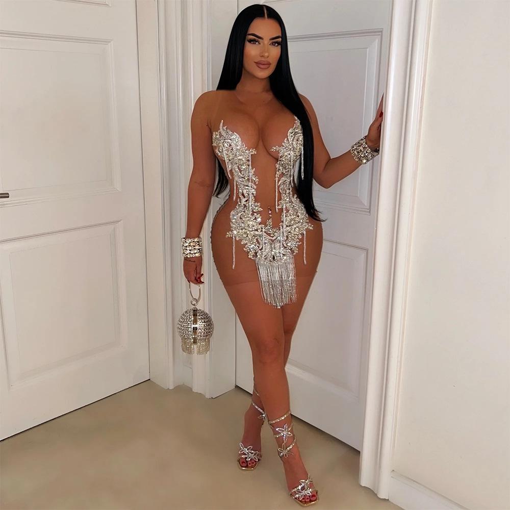 Europäisches & Amerikanisches Pailletten Durchsichtiges Quasten Bodycon Kleid - Sexy Ärmelloses Schlankes Kurzes Kleid für Damen S weiß
