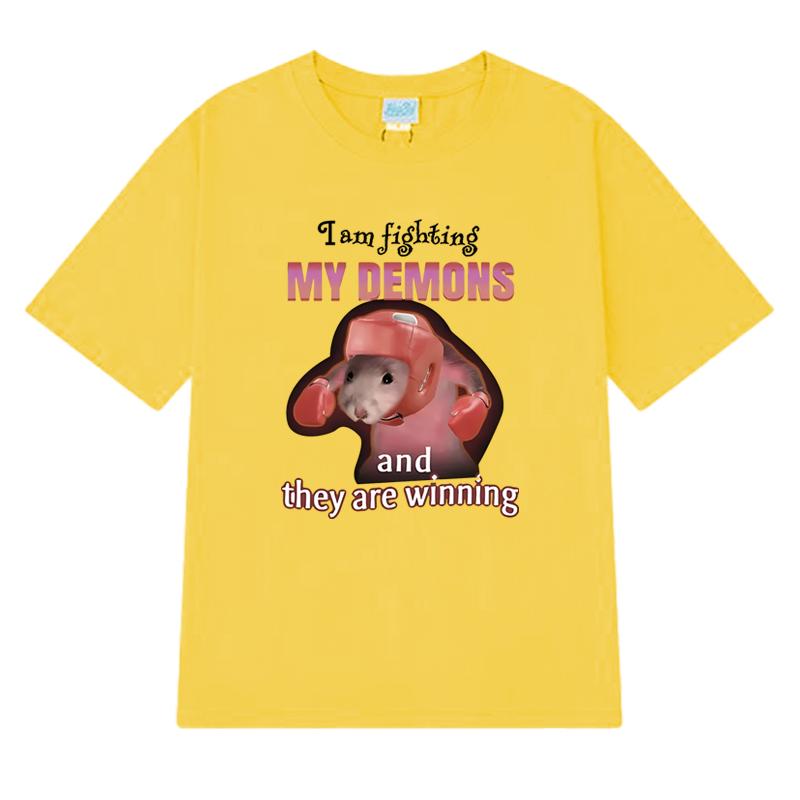 2025 Funny I Am Fighting My Demons and The Are Winning Rat Meme T shirt Unisex Casual short sleeve T-shirts Men Women Cotton Top