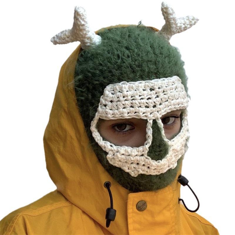 New Handmade Crocheted Ice Strip Rabbit Ear Flower Ski Mask Adult Hat