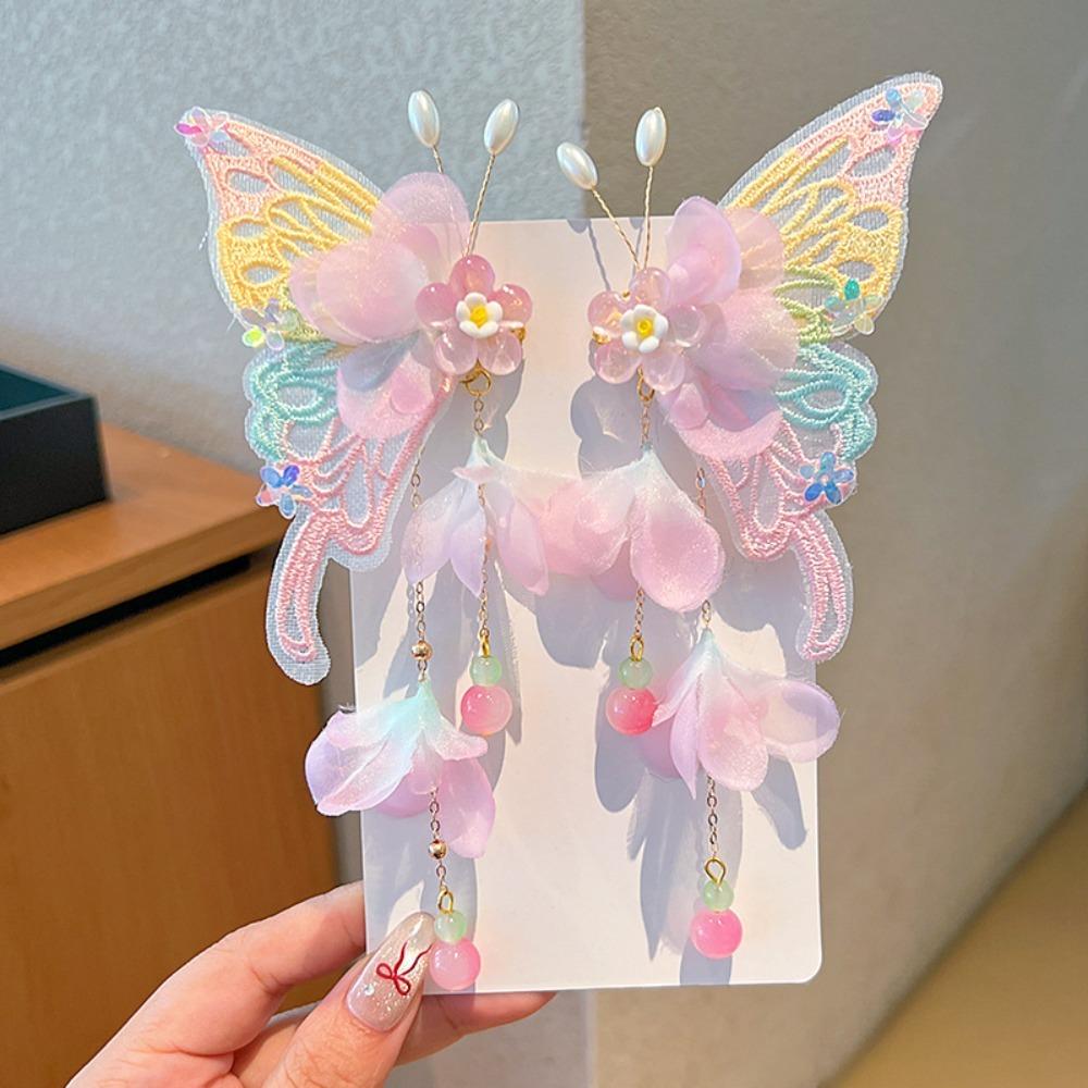 

2pcs/set Vintage Extra Large Butterfly Hairpin Flower Silk Floral Hair Clips Shake Tassels Hanfu Headdress Hair Accessories розовый