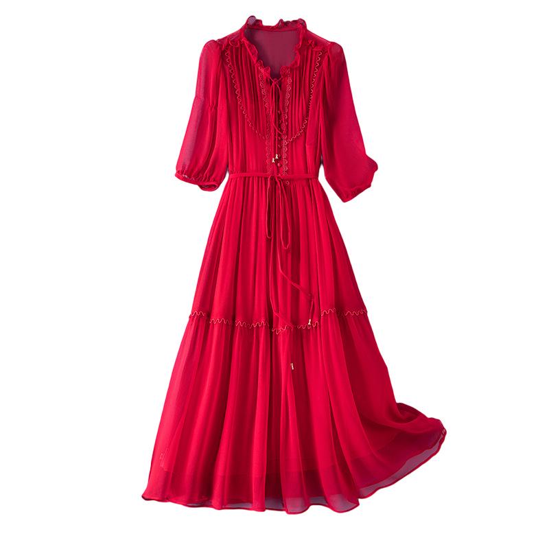 Lace-Up Waist Red Mulberry Silk Fairy Dress