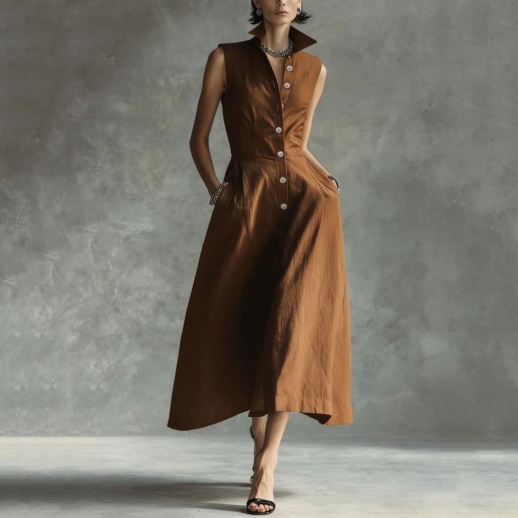 Women's Fashionable Sleeveless Linen Casual Button-Down Dress