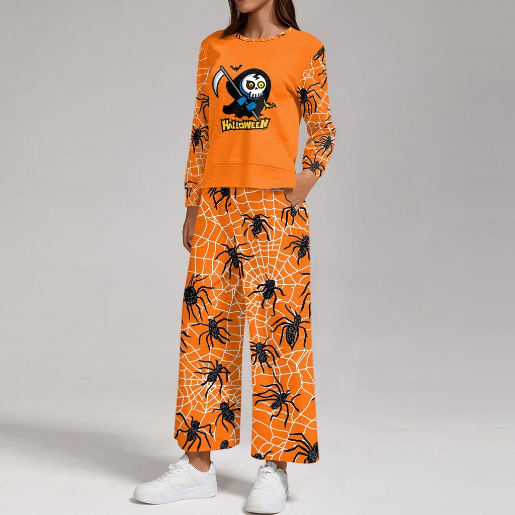 Women's Halloween Print Sweatshirt and Jogger Set, Crewneck Loose Fit with Side Slit Hem