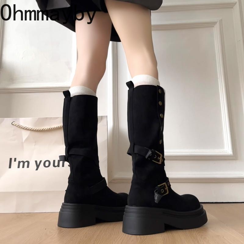 Winter Fashion Belt Buckle Knee High Boots Women Platform Heels Shoes Design Elegant Knight Long Boot