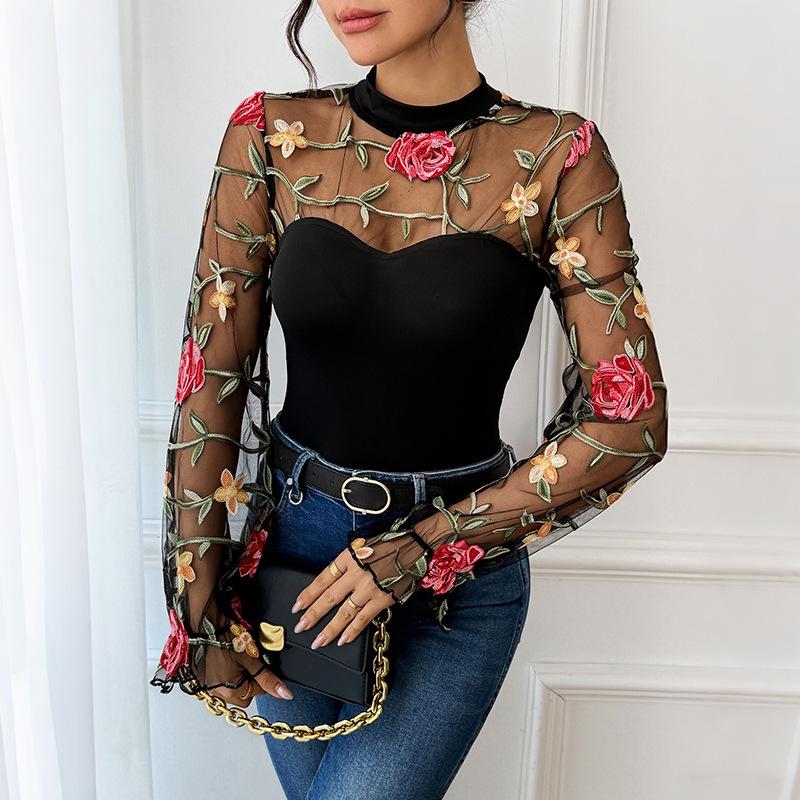 YYFS Damenmode Lässig Blumenmuster Print Frühling Herbst Langarm O-Ausschnitt Bodysuits