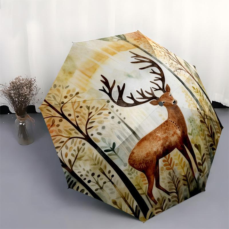 1pc Deer Forest Automatic Folding Umbrella, Heavy Duty 8 Rib Iron Frame,  Suitable for Travel, Daily Use, Birthday, Decor Gift  15