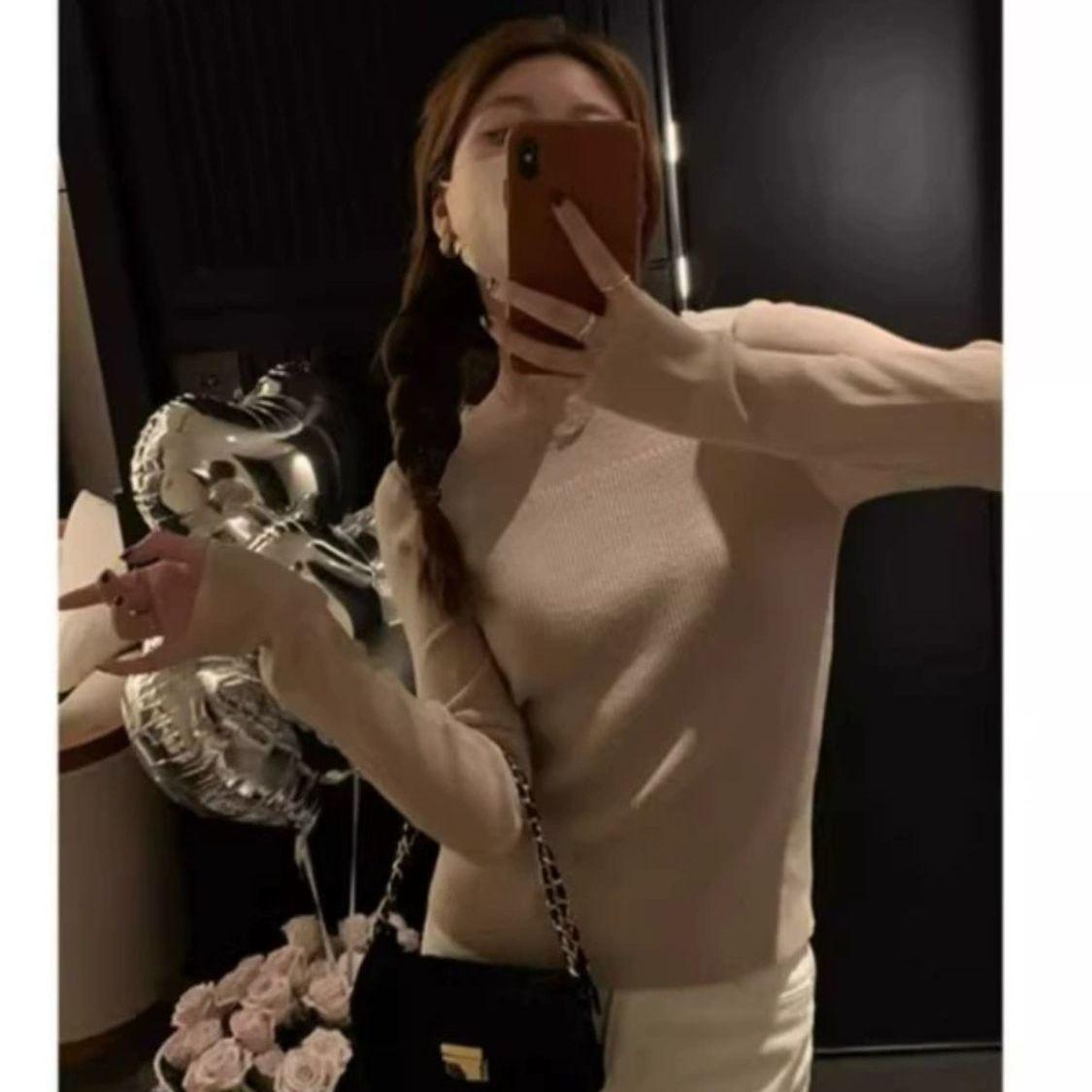 

Полупрозрачный шерстяной свитер в корейском стиле: Круглый вырез, Стройнящий шикарный дизайн для осени/зимы One Size абрикосовый