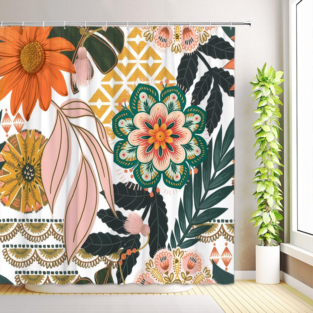 Western Aztec Shower Curtain Boho Aesthetic Abstract Geometric Cactus Longhorn Skullhead Floral Plant Bathroom Decor with Hooks