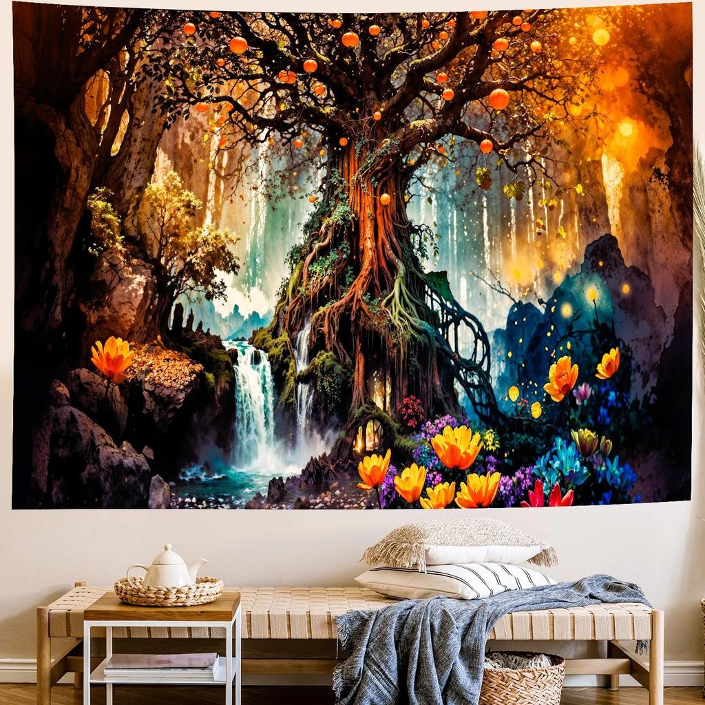 Delur Magical Forest Tapestry Fantasy Tree of Life Fairy Tale Enchanted Mystical Forest Tapestry Psychedelic Nature Landscape Wall Hanging Headboard