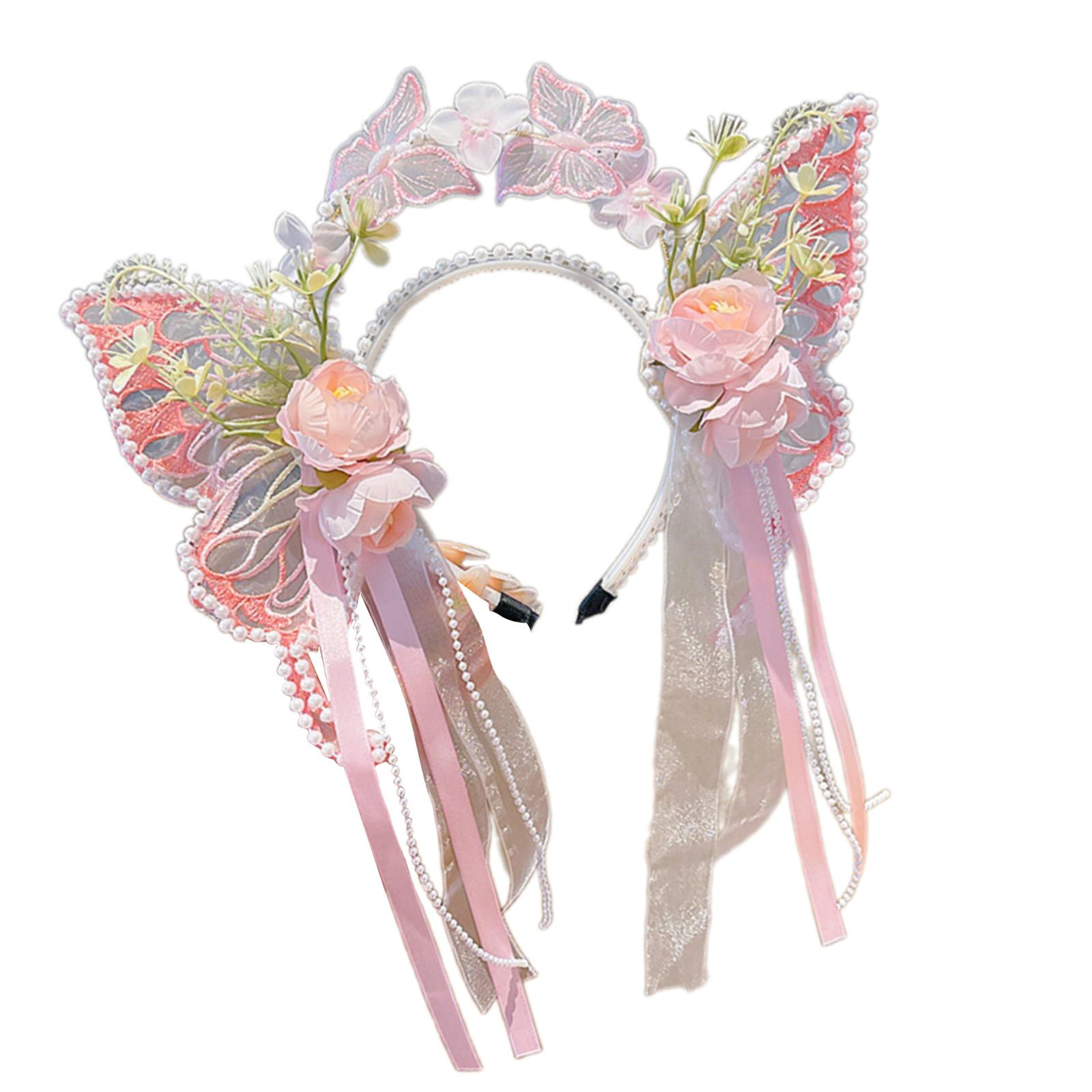 Блестящие Жемчужины Повязка на Голову Плетеная Лента Бабочка для Конкурса Выпускного Принцессы Аксессуары для Волос Сценические Реквизиты розовый