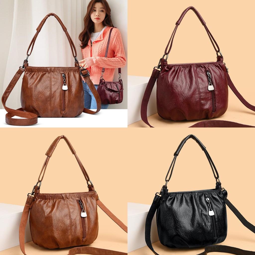 Solid Color Small Water Bucket Handbag Zipper Compartments Soft Pu Wear Casual