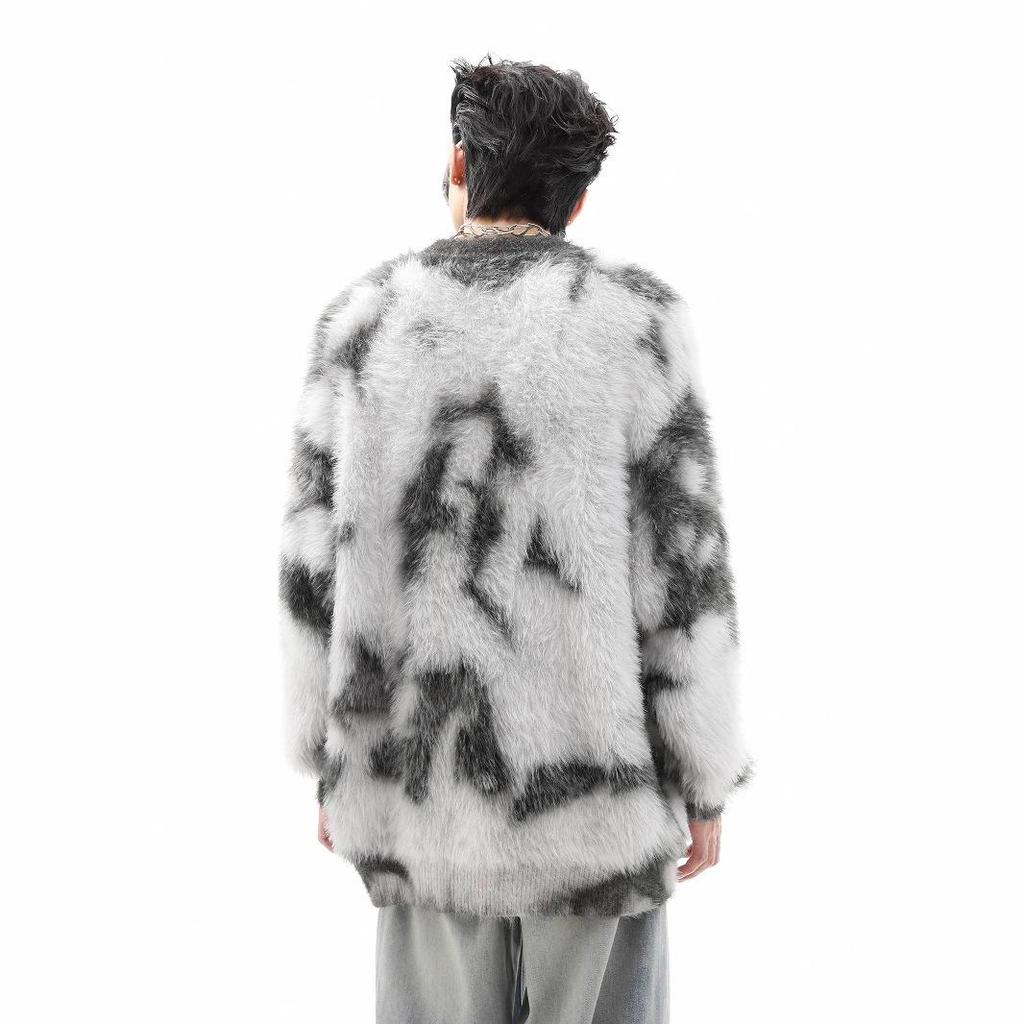 High Street Trendy Tie-Dye Faux Mink Men’s Loose Winter Sweater - Soft, Fluffy, Long Sleeve, Round Neck