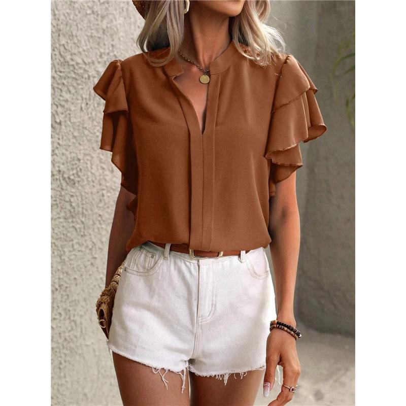 Summer New European And American V-neck Flying Sleeve Shirt Slim Fit And Slimming Chiffon Top