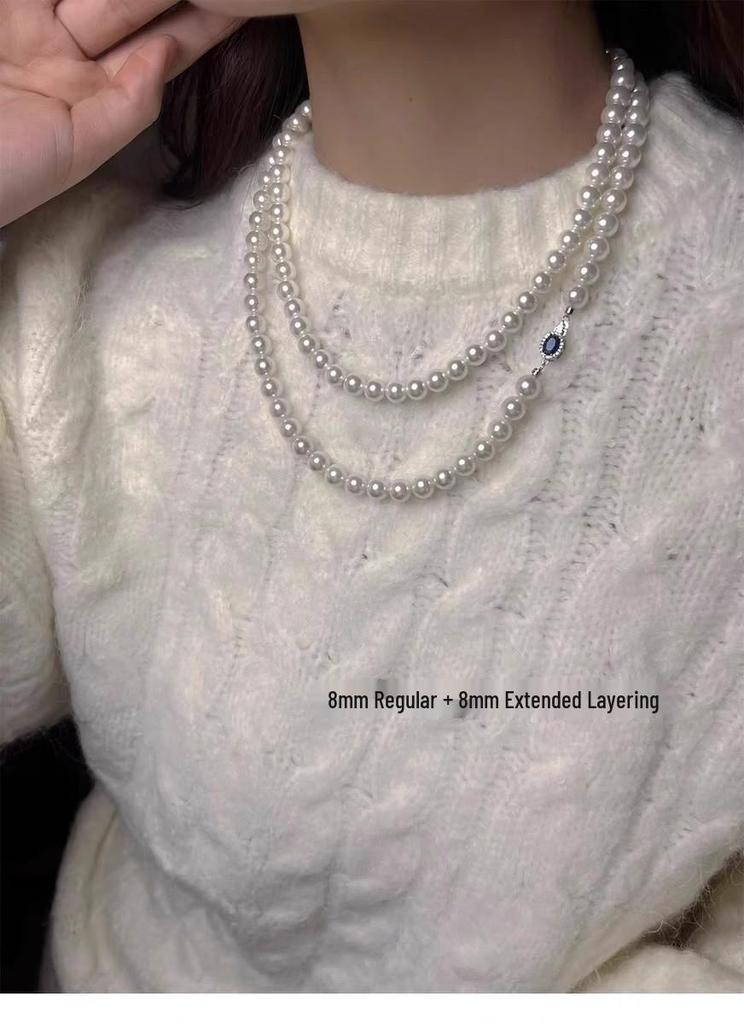 Natural Mother-of-Pearl Necklace with 925 Silver Sapphire Clasp, High Luster Shell Pearls, and Australian White Pearls.