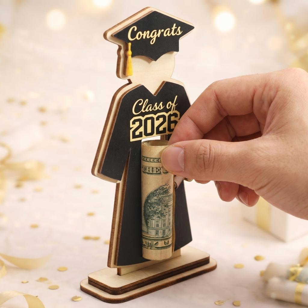 Graduation Wooden Money Holder Stand Class of 2026 Figure with Graduation Cap Diploma Display for Graduation Season Gift