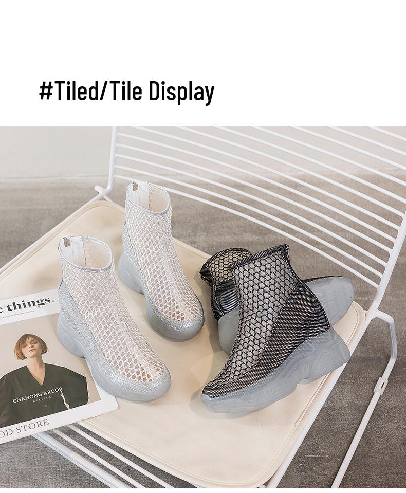 Damskor 2025 Sommar Andningsbara Nätgömda Klackstövlar med Tjock Gelésula