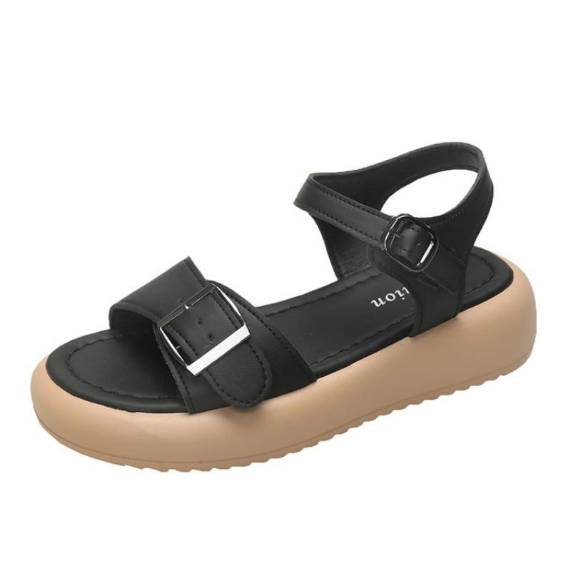 Round head open-toed thick-soled one-character sandals summer fashion light-mouth buckle beach shoes student simple women's shoes