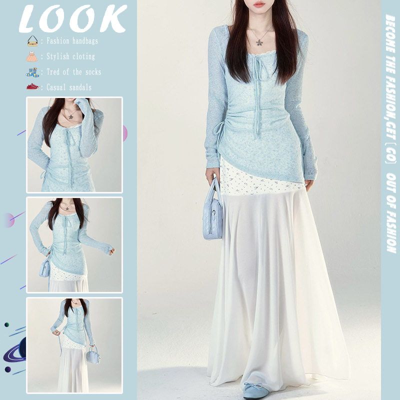 

Sweet Floral Waist-Cinching Slimming Fairy-Style Spaghetti Strap Dress with a Summer Vibe, Featuring a Drawstring Tie-Up Cover-Up Two-Piece Set Blouse + Dress S [Excellent Quality]