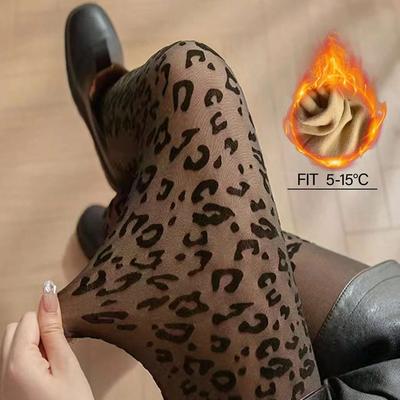 Medias de Invierno para Mujer con Felpa Espesante Medias Góticas Sexy Vintage Animal Leopardo Patrón Medias Transparentes Media Sin Costuras