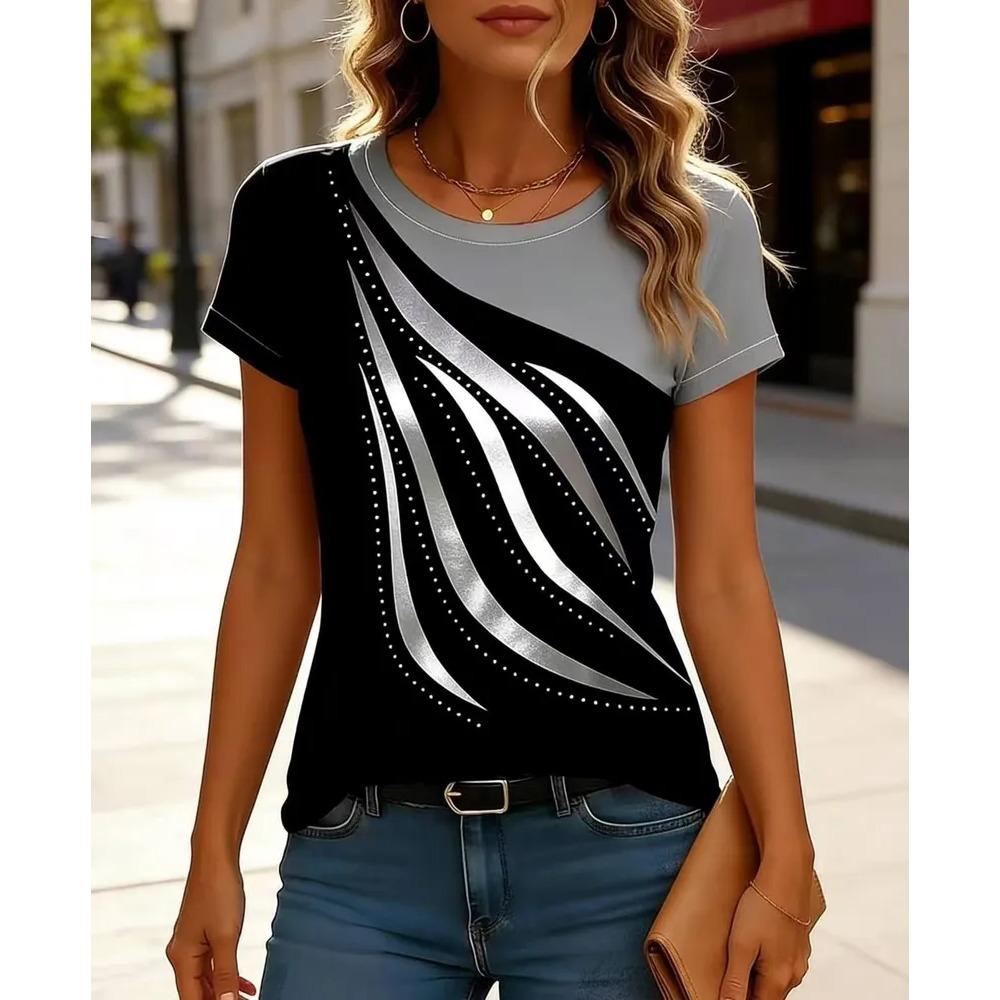 Fashionable Casual Round Neck Short Sleeved T-shirt Soft Comfortable Vintage Loose Colorful Creative Grid Stripes 3d Printed Women's T-shirt