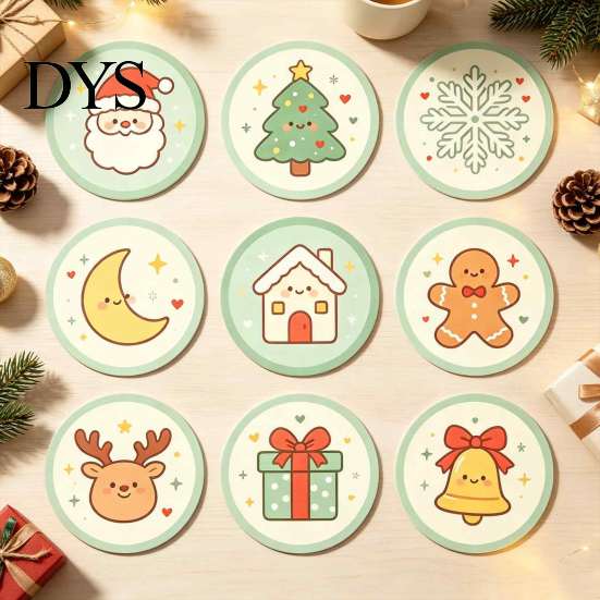Kitchen Dining Table Accessories 9Pcs Christmas Wooden Coasters Set, Heat Resistant Cup Mats, Waterproof Pads for Round Protection Mats Home