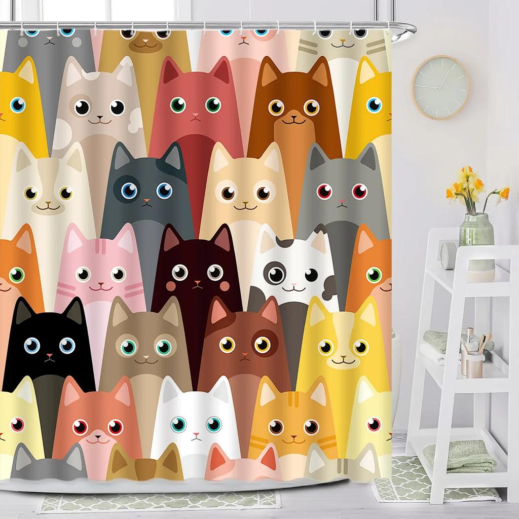 Cartoon Animal Shower Curtain with Funny Cat and Dog Paws Cute Kids Shower Print Family Bathroom Decoration with Hooks