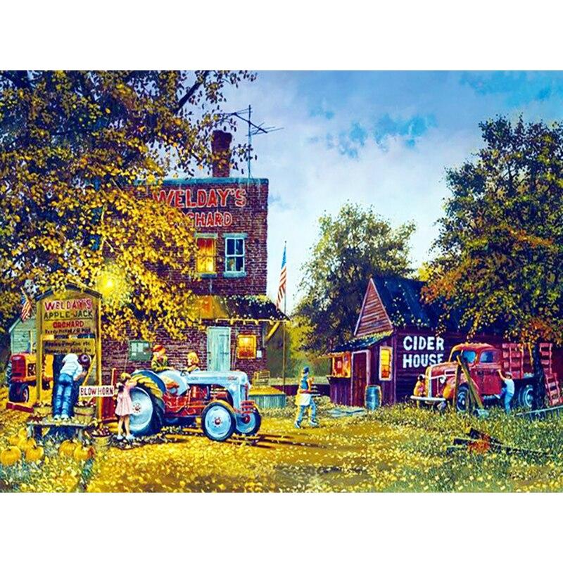 Noua pictură cu diamant 5D bricolaj, peisaj, broderie cu diamant, sat, punct de cruce, burghiu rotund complet, decorarea casei, cadou de artă manuală