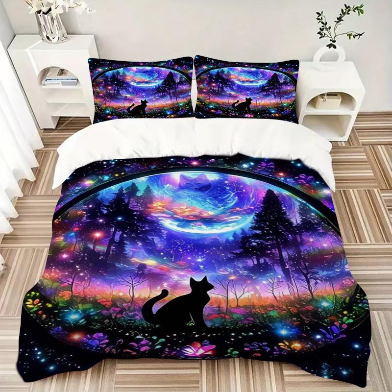 3pcs Colorful Fantasy Cat Bedding Set - Includes One Quilt Cover and Two Pillowcases (No Core) - Home Decor, Festival Gift, Polyester Fabric