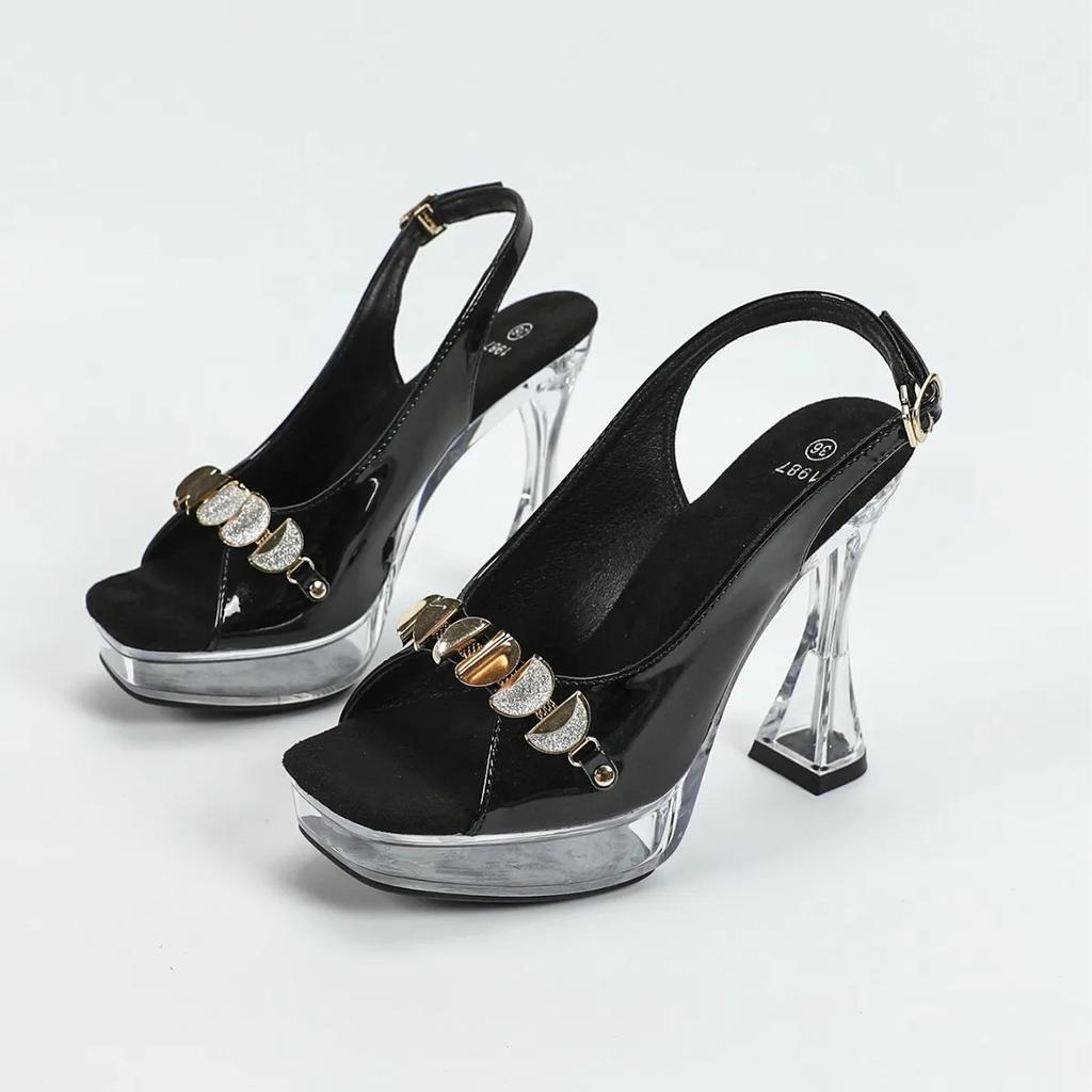 Fashion New 12CM Fashion Nightclub Pearl Crystal Thick Heel Square Toe Anti-Slip Women's Transparent Summer Sandals 34-42cm