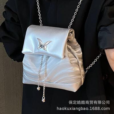 Mini Small Backpack Women's Backpack 2025 New Fashion Silver Schoolbag Girls College Students Niche Chain Bag