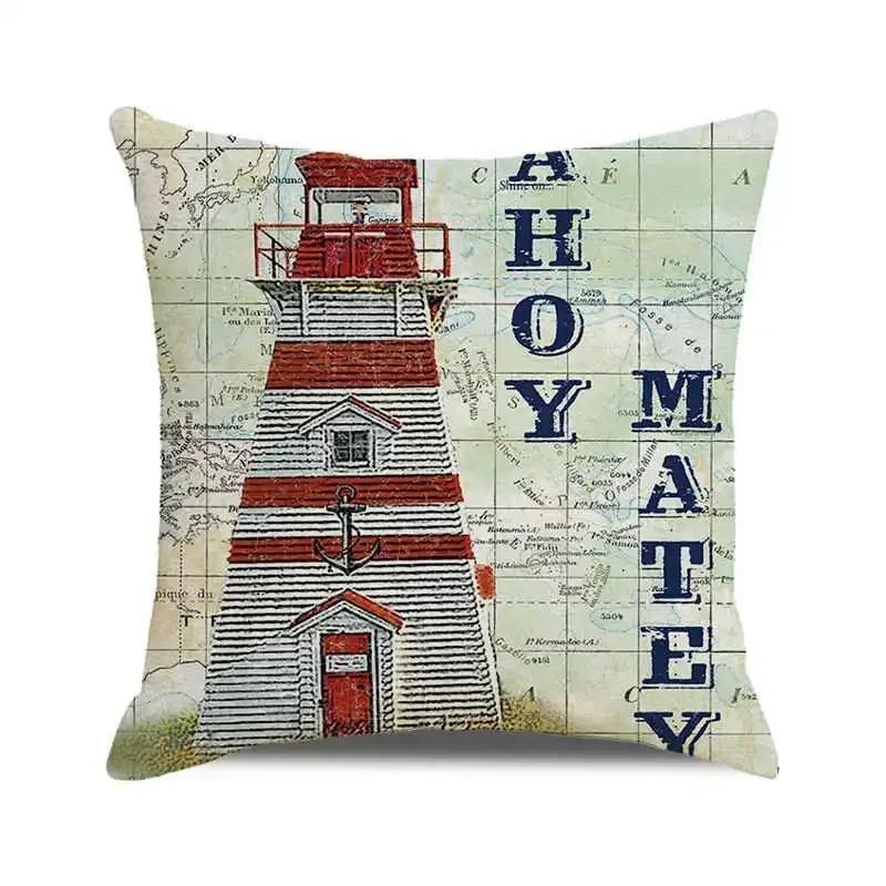 Watercolor Painting Nautical Lighthouse Ocean Seagull Boat Home Sofa Cushion Cover Home Decor Pillowcase