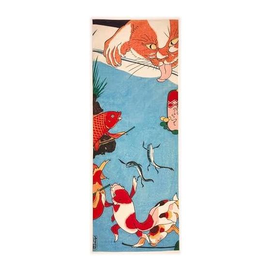 Ukiyo-e Tenugui Towel by Utagawa Kuniyoshi -  Kingyo Tsukushi  (Goldfish Collection) Part 1 - 100% Cotton - Printed with Reactive Dyes on  Tokka  -