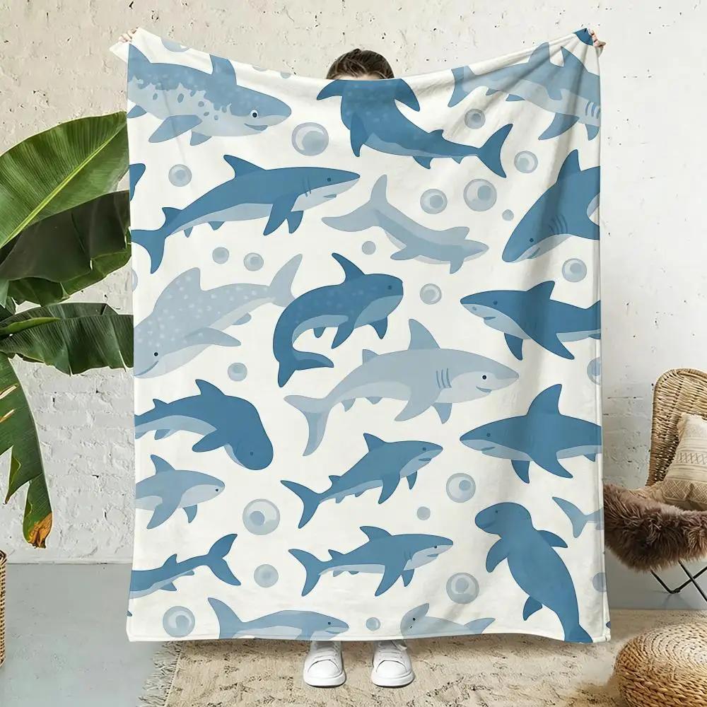 1pc Shark Print Throw Lightweight 240g Flannel Blanket Soft Skin-friendly for Summer Cooling