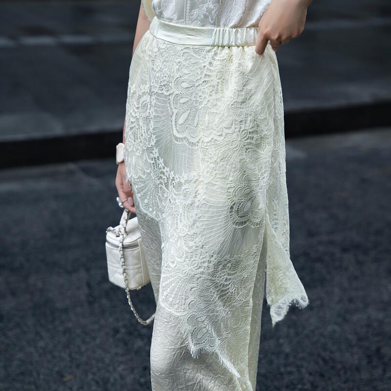 Lanseer Elegant Acetate Lace Trim Wide Leg Pants