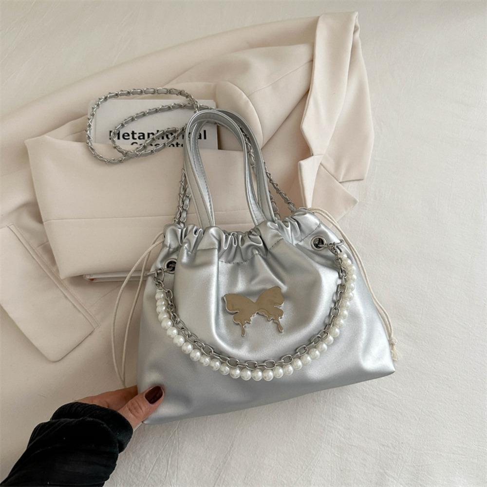 New Large Capacity Women's Backpacks Pearl Chain PU Leather Shoulder Bags Drawstring with Handle Mini Backpacks Women