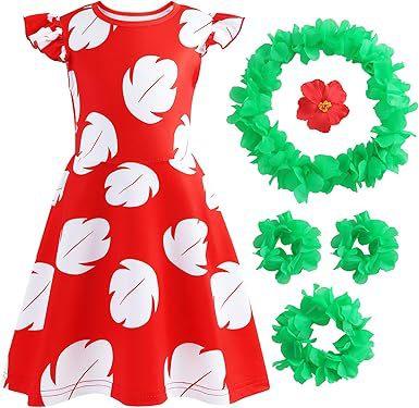 Girls Red Leaf Print Dress for Summer Halloween Christmas Costume Play