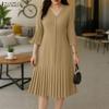 ZANZEA Women Casual V-Neck Solid Color 3/4 Sleeve Pleated Dress