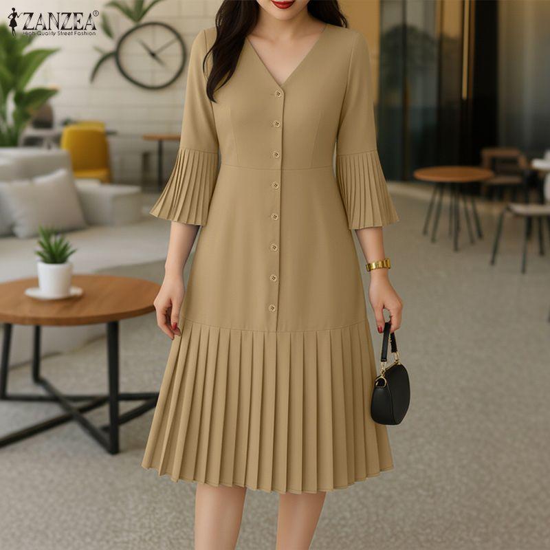 ZANZEA Women Casual V-Neck Solid Color 3/4 Sleeve Pleated Dress